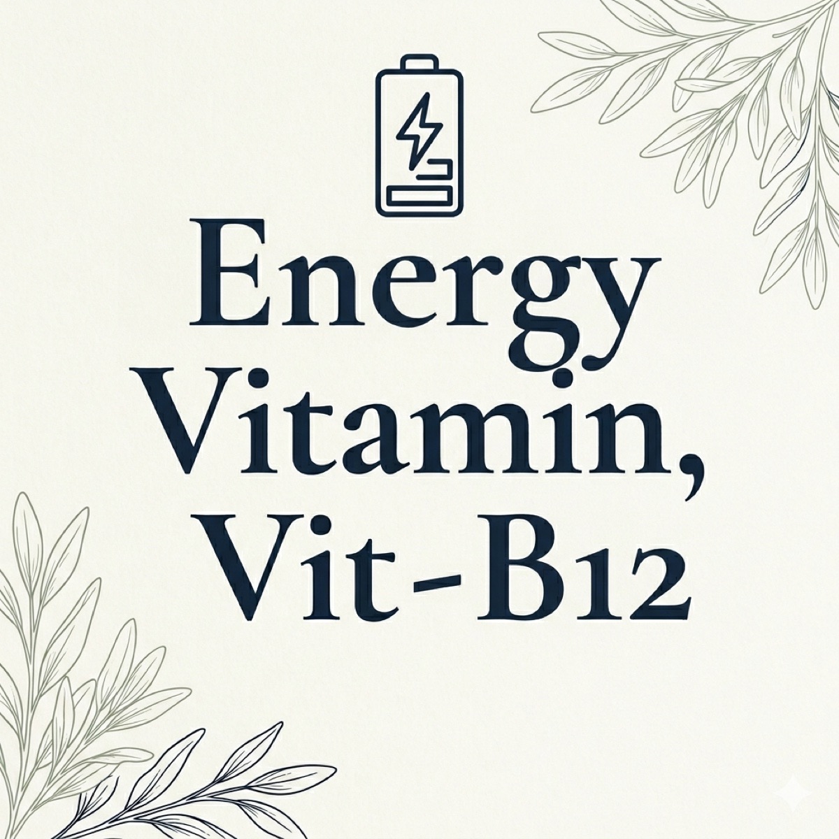 Cream-toned editorial cover with the words 'Energy Vitamin, Vit-B12' set in deep ink serif, with a small ink-line battery icon at the top and soft sage botanical accents in the corners.