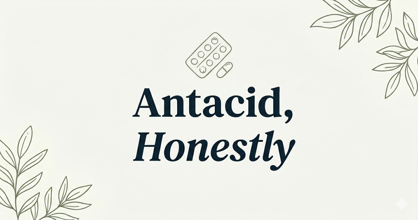 Cream-toned editorial cover with the words 'Antacid, Honestly' in deep-ink serif, a small sage line drawing of a blister strip and soft botanical corner accents.