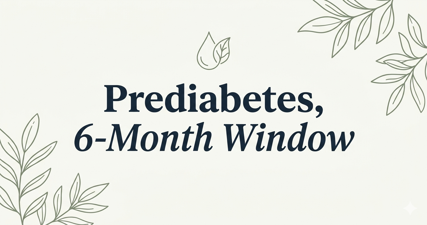 Cream-toned editorial cover with the words 'Prediabetes' and '6-Month Window' in deep-ink serif, plus a small sage line drawing of a blood drop turning into a leaf, framed by soft botanical corners.