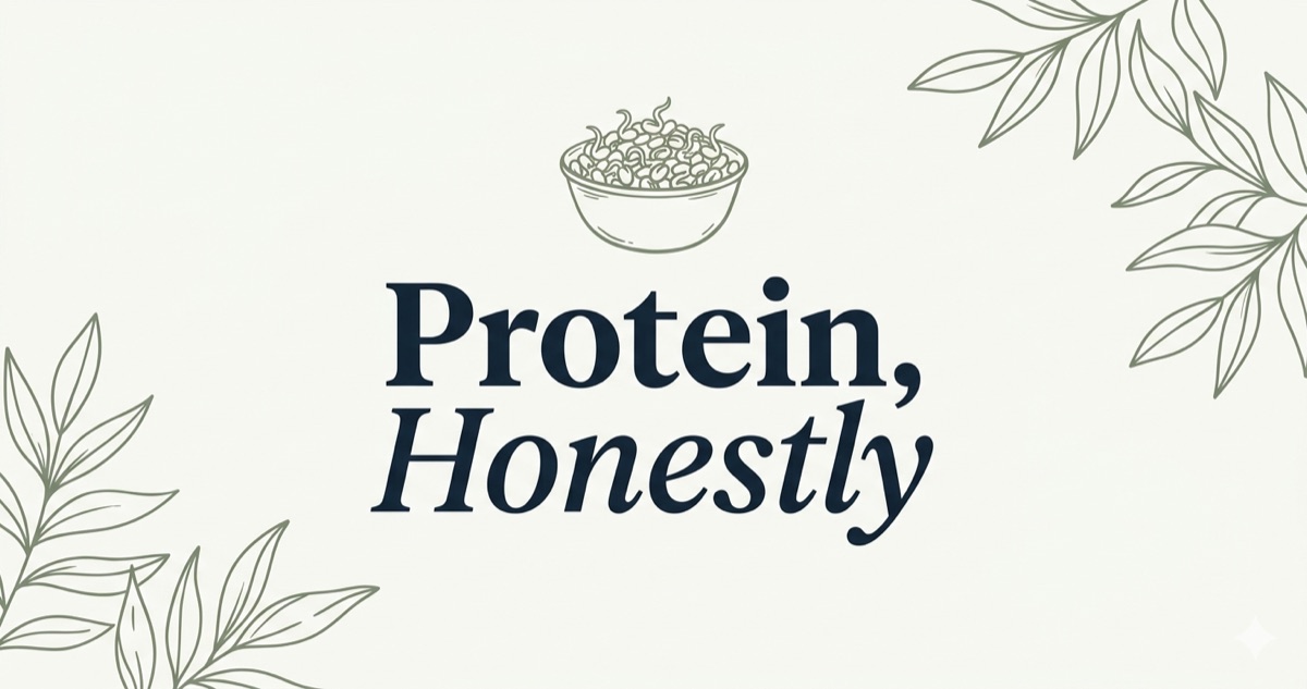 Cream-toned editorial cover with the words 'Protein, Honestly' set in deep ink serif, with a small ink-line illustration of a steel katori containing sprouted moong and soft sage botanical accents in the corners.
