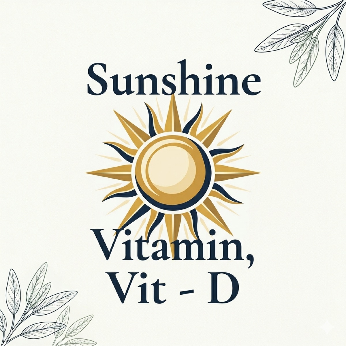 Cream-toned editorial cover with the words 'Sunshine Vitamin, Vit – D' set in a deep ink serif, framed by soft sage botanical line-art.