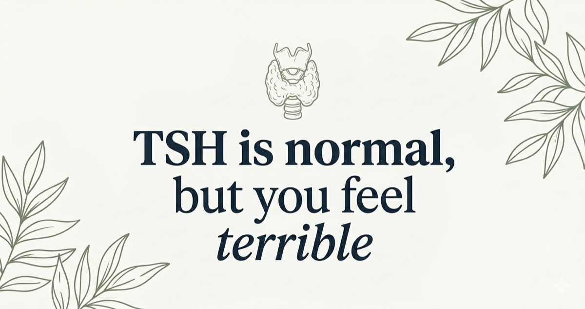 Cream-toned editorial cover reading 'TSH, Normal' and 'Reverse T3 Story' in deep-ink serif, with a small sage line drawing of a thyroid below and soft botanical corners.