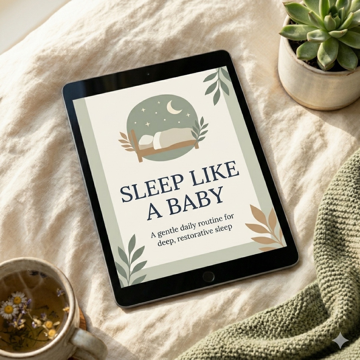 The Sleep Like a Baby printable PDF on a tablet, resting on linen sheets next to a cup of chamomile tea and a small succulent.